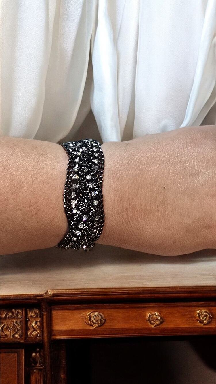Black Braided Rhinestone Statement Bracelet Multi Row - Dark Glam